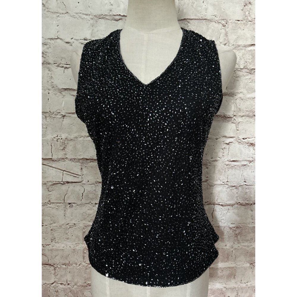 Laurence Kazar Black Beaded Dressy Sleeveless Top Evening V Neck Lined  Petite S
